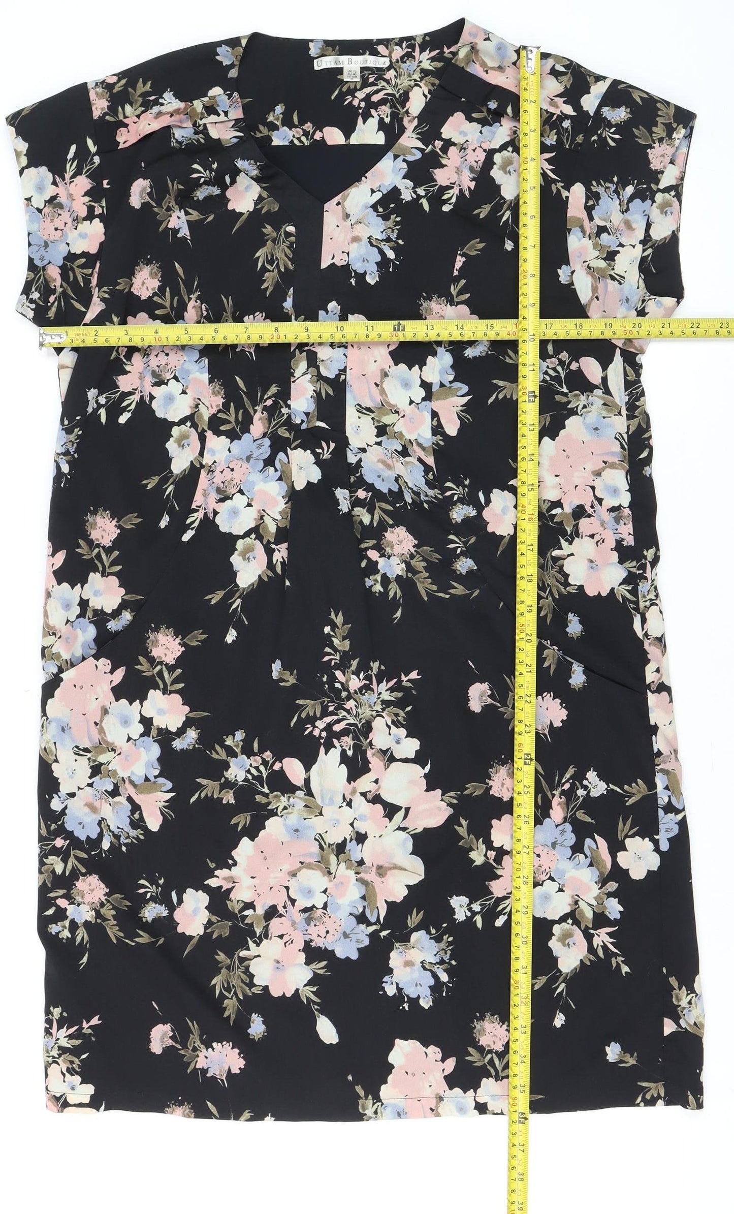 Uttam Boutique Women’s Black Floral Shift Dress Size 12 Short Sleeve