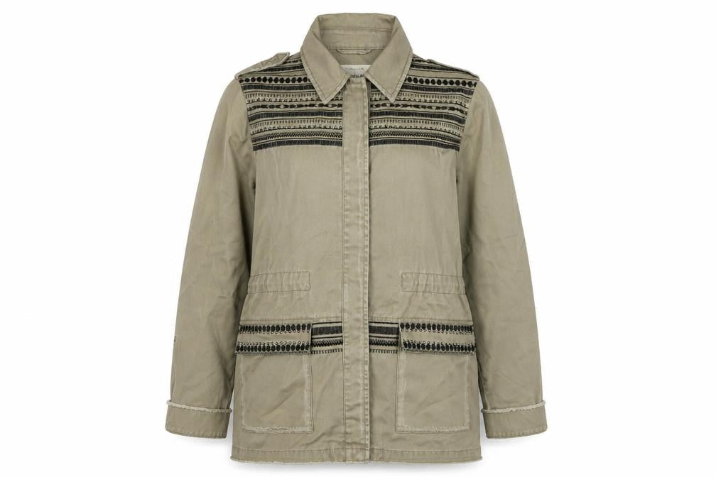 River Island Womens Beige Military Jacket Size 12 Cotton Embroidered