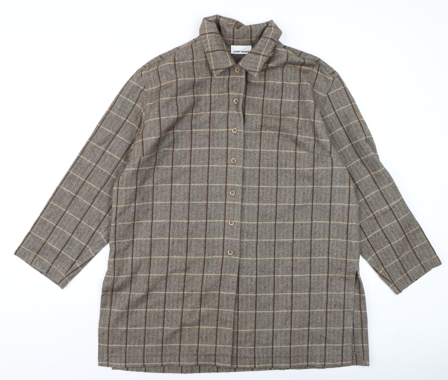 Gerry Weber Women's Brown Check Wool Angora 3/4 Sleeve Button-Up Shirt Size 12