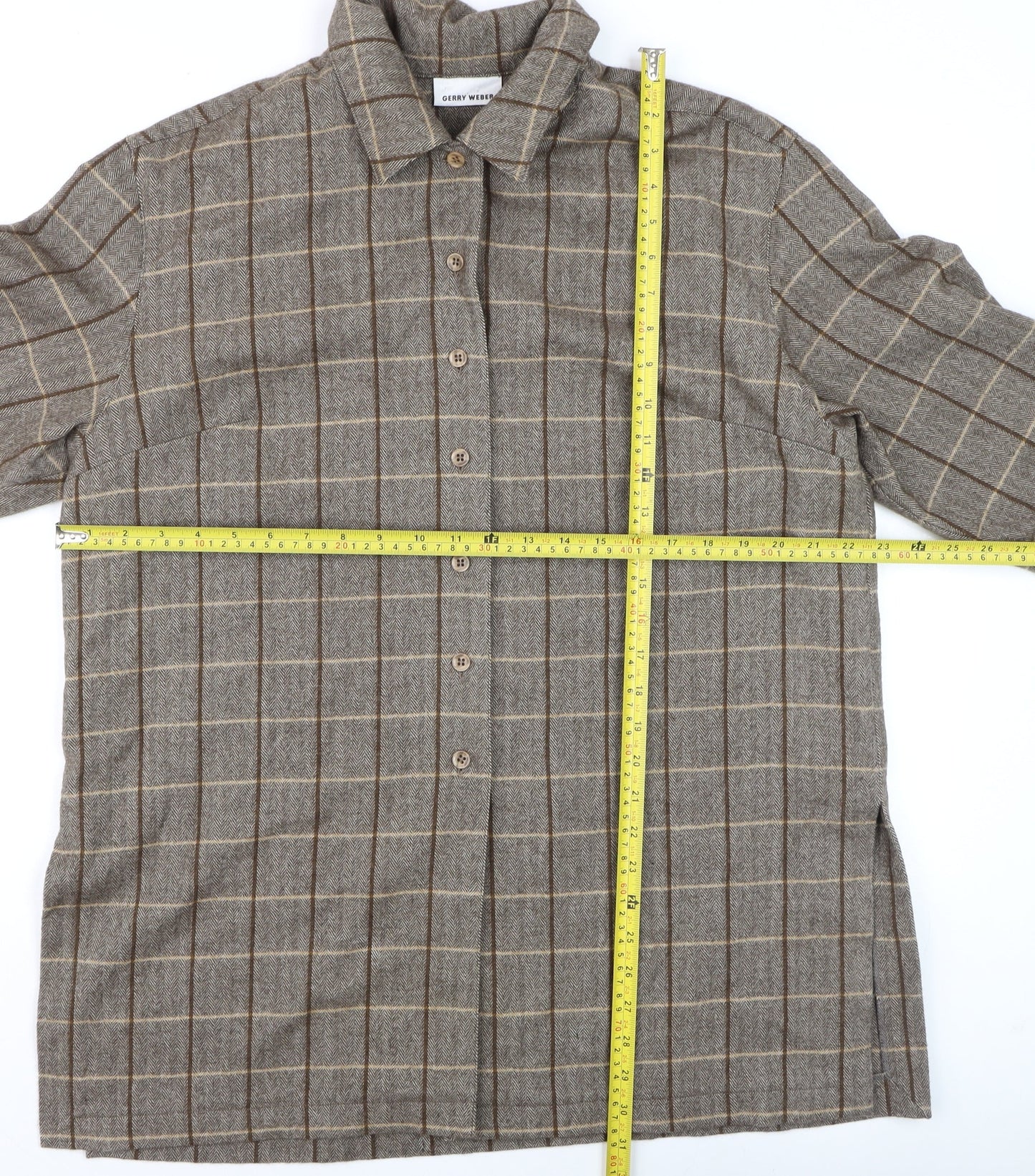 Gerry Weber Women's Brown Check Wool Angora 3/4 Sleeve Button-Up Shirt Size 12