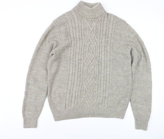 Next Men’s Beige Cable-Knit Roll Neck Jumper Size M