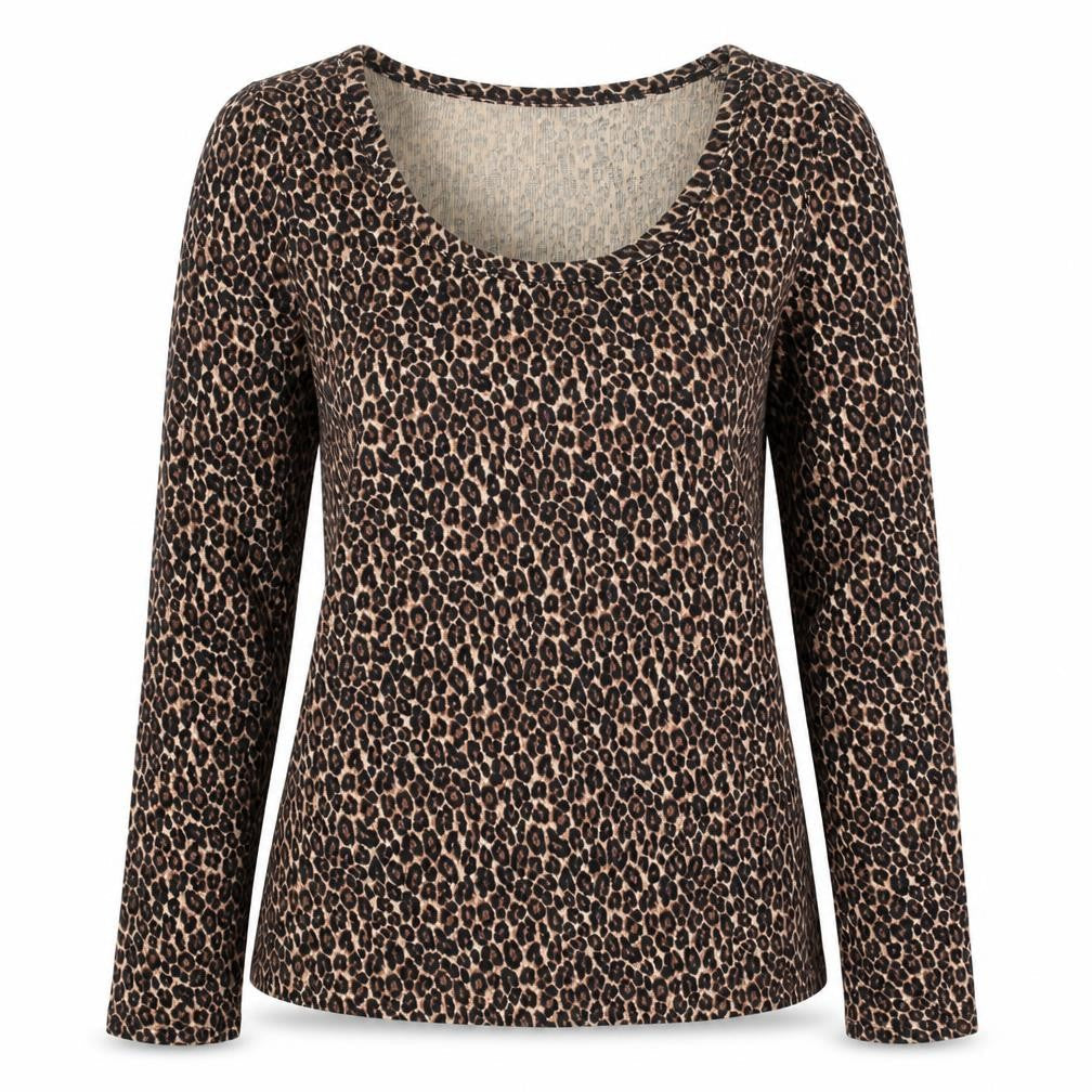 New Look Women Brown Leopard Print Long Sleeve Scoop Neck Top Size 14