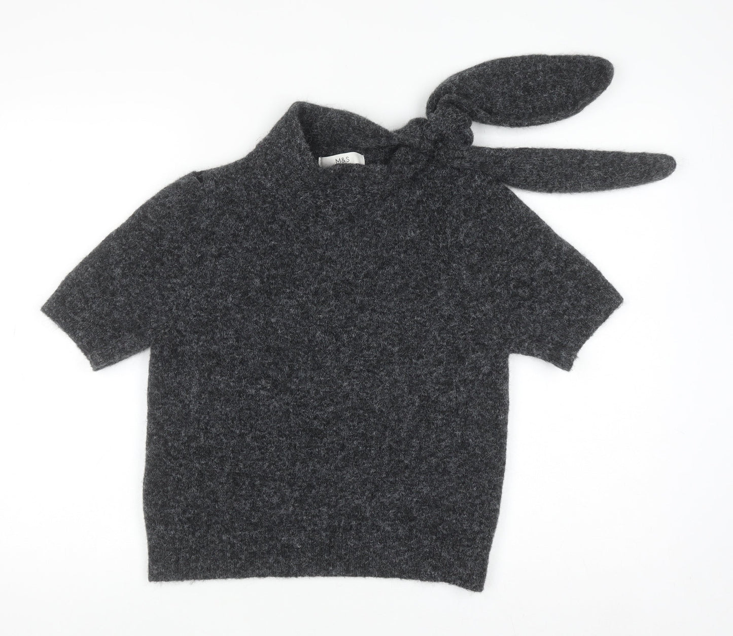 Marks and Spencer Women's Grey Wool Blend Bow Neck Short Sleeve Top Size S