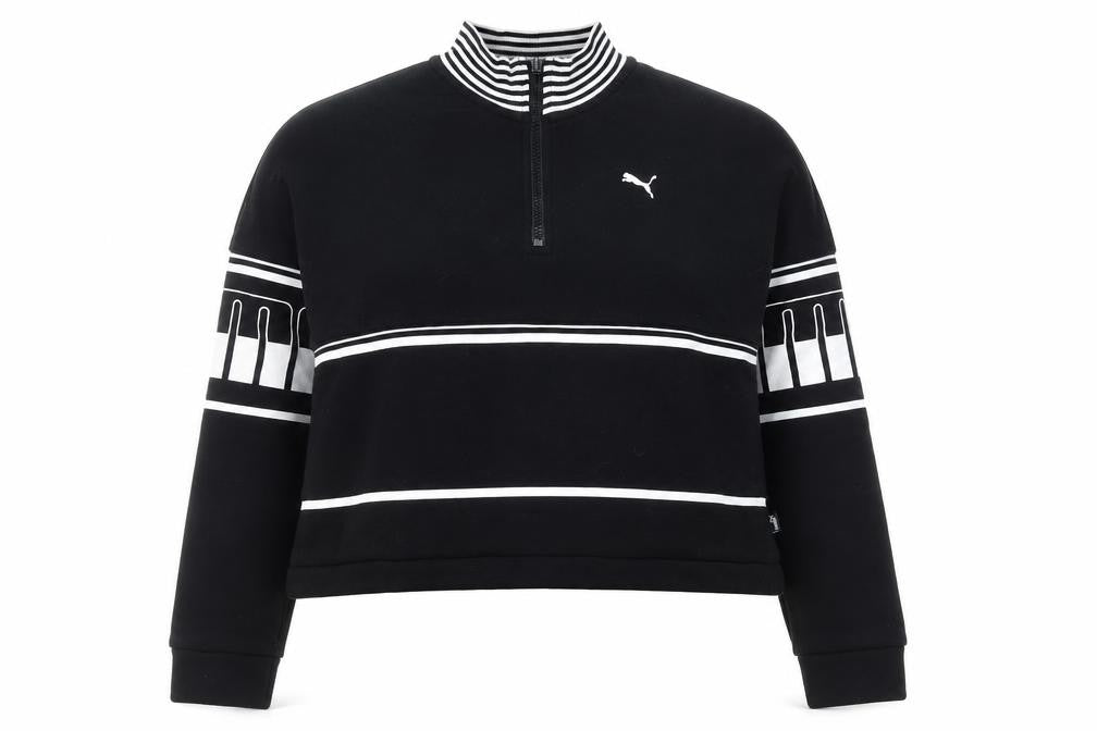 Puma Women's Black 1/4 Zip Sweatshirt Size 8 Striped Mock Neck
