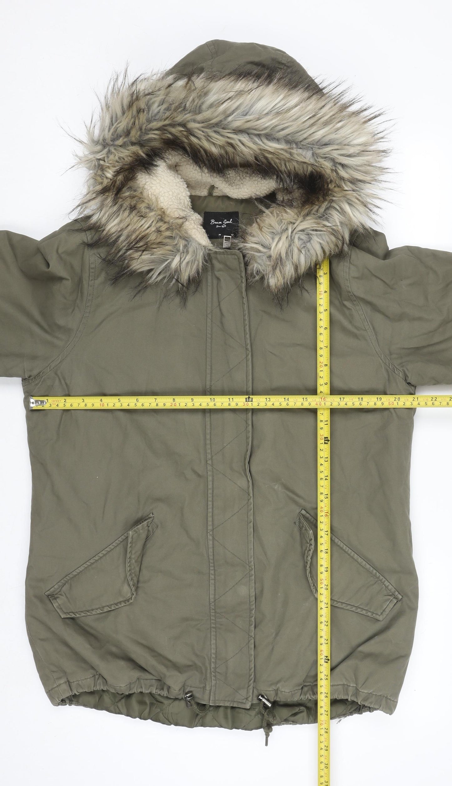 Brave Soul Women’s Green Faux Fur Hooded Parka Jacket Size 14