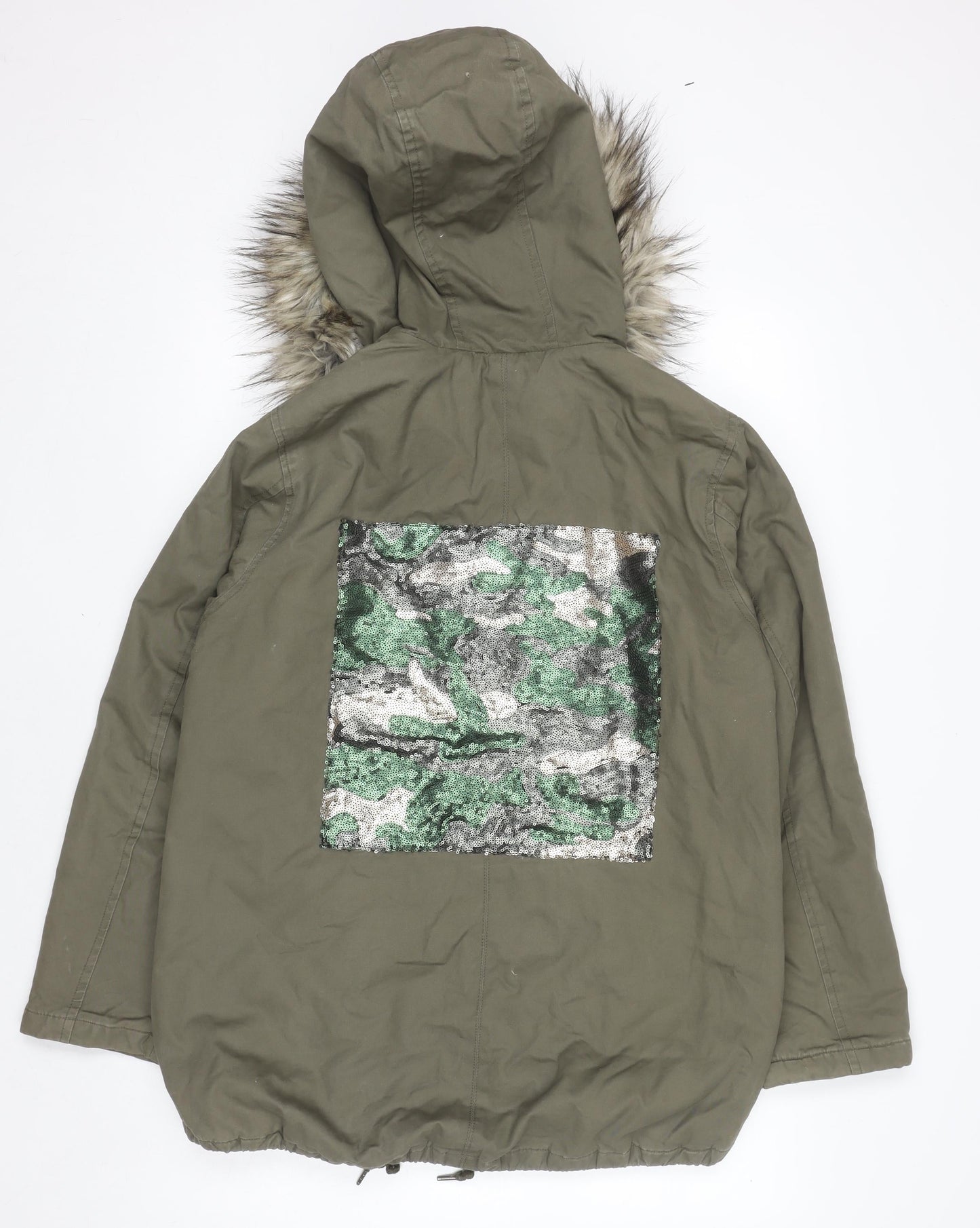 Brave Soul Women’s Green Faux Fur Hooded Parka Jacket Size 14