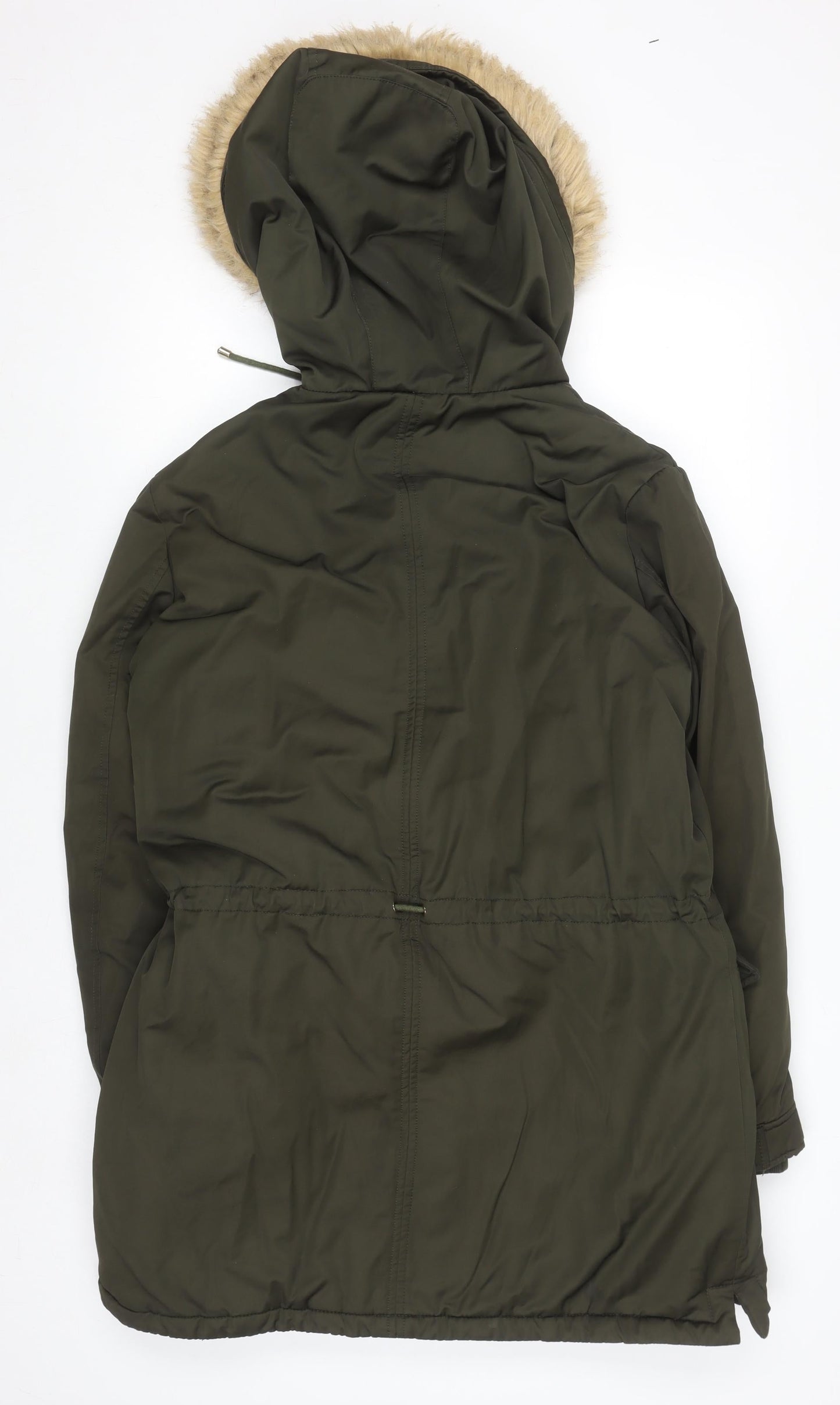 Zara Women Green Fur Hooded Parka Coat Size 14 Winter Lined