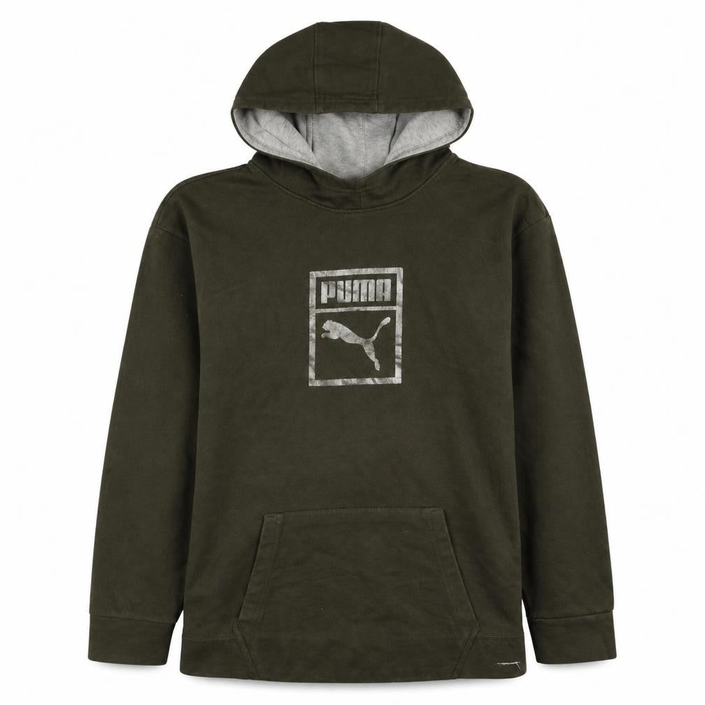 Front view of Puma women’s green xl pullover hoodie with silver logo