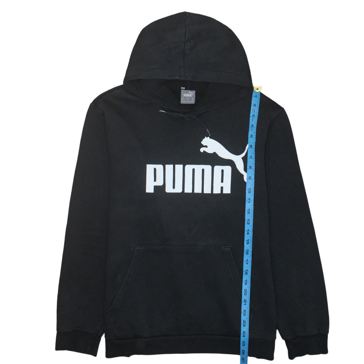 Close-up detail of Puma Men's Black XL Pullover Hoodie with Logo Print