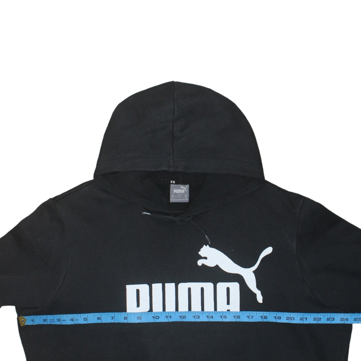 Brand and care label for Puma Men's Black XL Pullover Hoodie with Logo Print