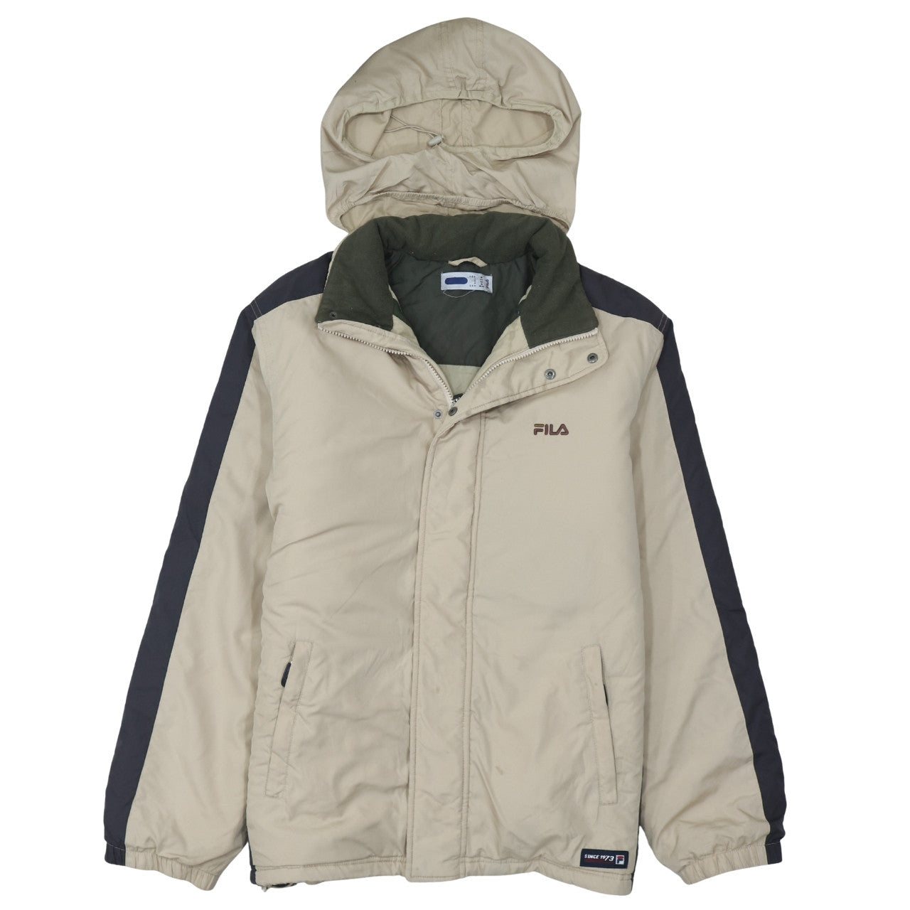 FILA Men Beige Hooded Puffer Jacket Size M Water Resistant Winter Coat