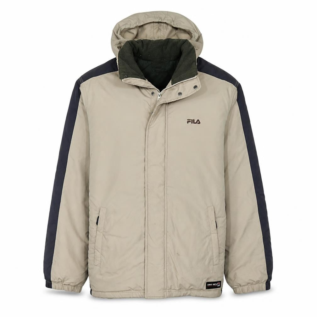 FILA Men Beige Hooded Puffer Jacket Size M Water Resistant Winter Coat