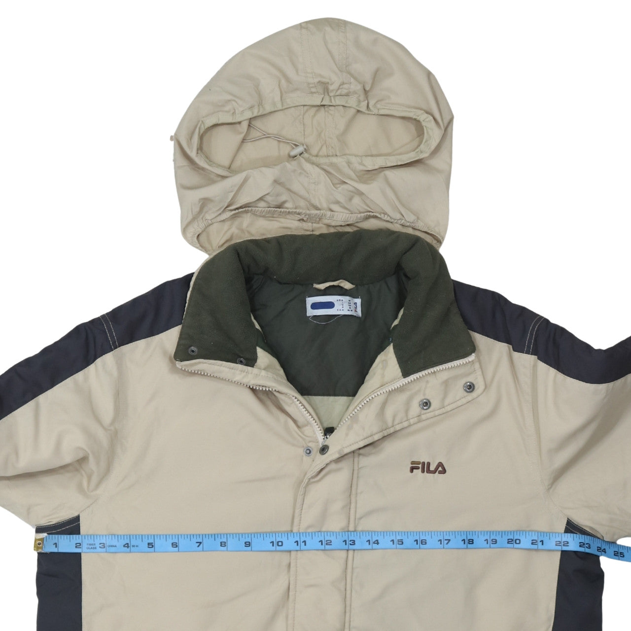 FILA Men Beige Hooded Puffer Jacket Size M Water Resistant Winter Coat