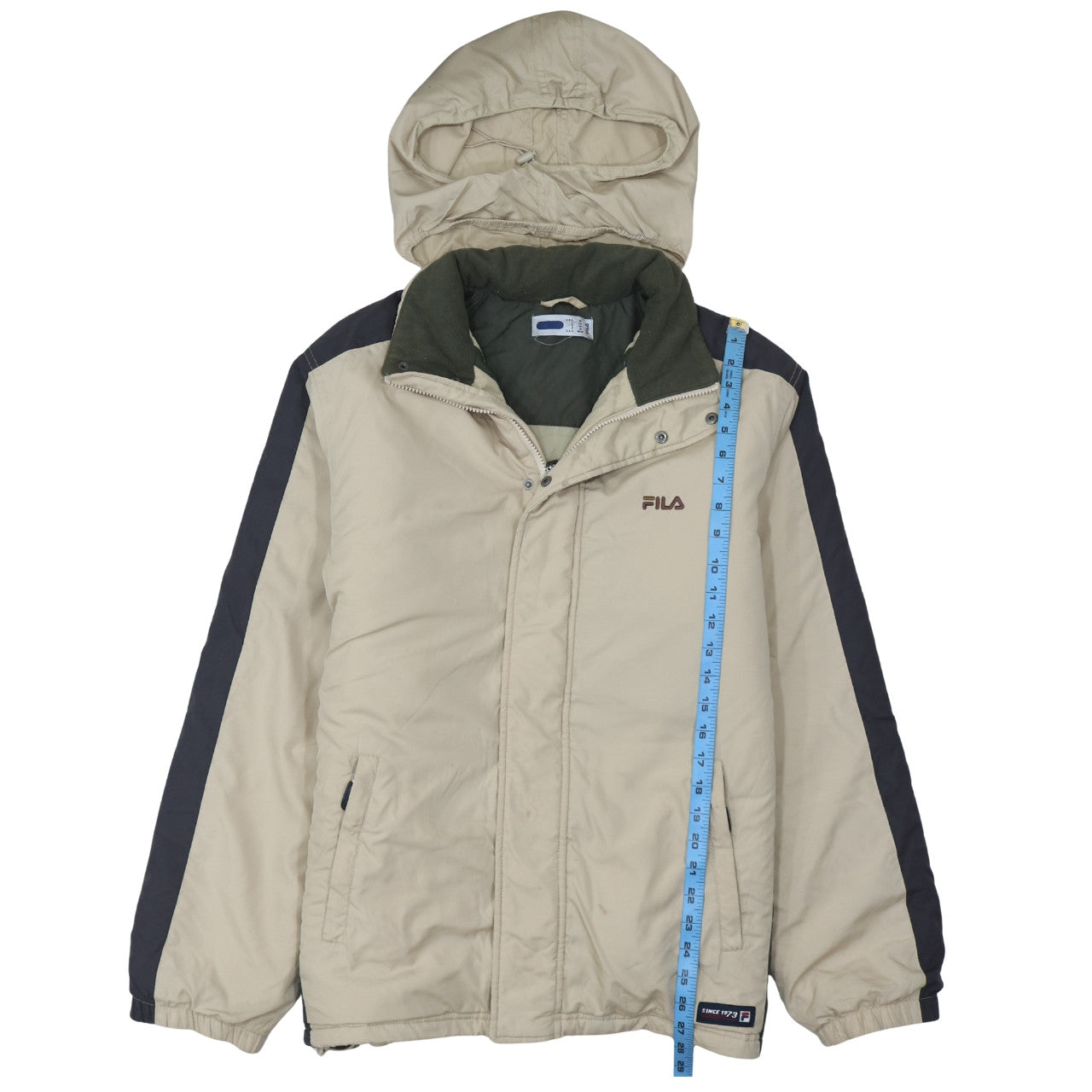 FILA Men Beige Hooded Puffer Jacket Size M Water Resistant Winter Coat