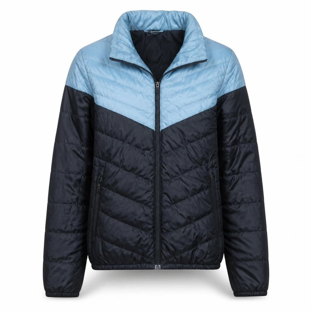 Front view of Nike boys’ blue colourblock puffer jacket, size S, full zip winter coat