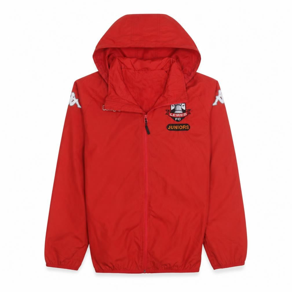 Front view of Kappa boys’ red lewes fc juniors hooded windbreaker jacket, size S