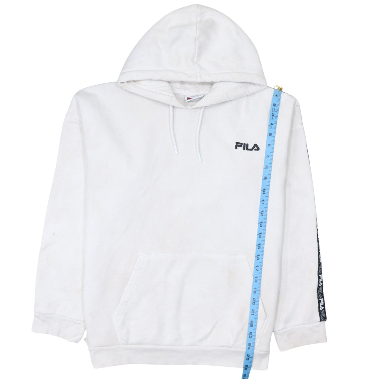 FILA Women's White Hoodie L Logo Tape Pullover Cotton Blend