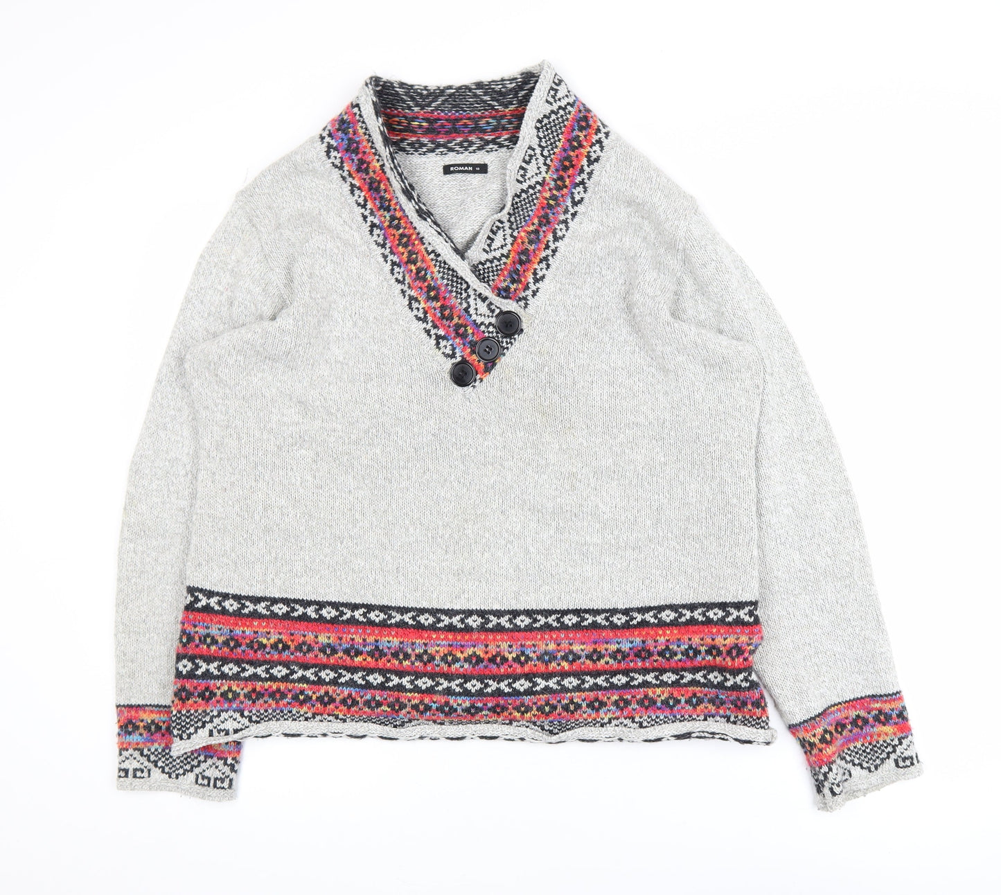 Roman Women Grey Fair Isle Knit V-Neck Button Jumper Size 18