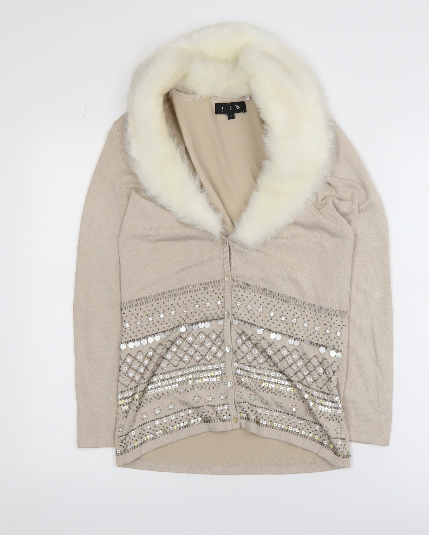 JFW Women’s Beige Faux Fur Collar Embellished Knit Jacket Size S
