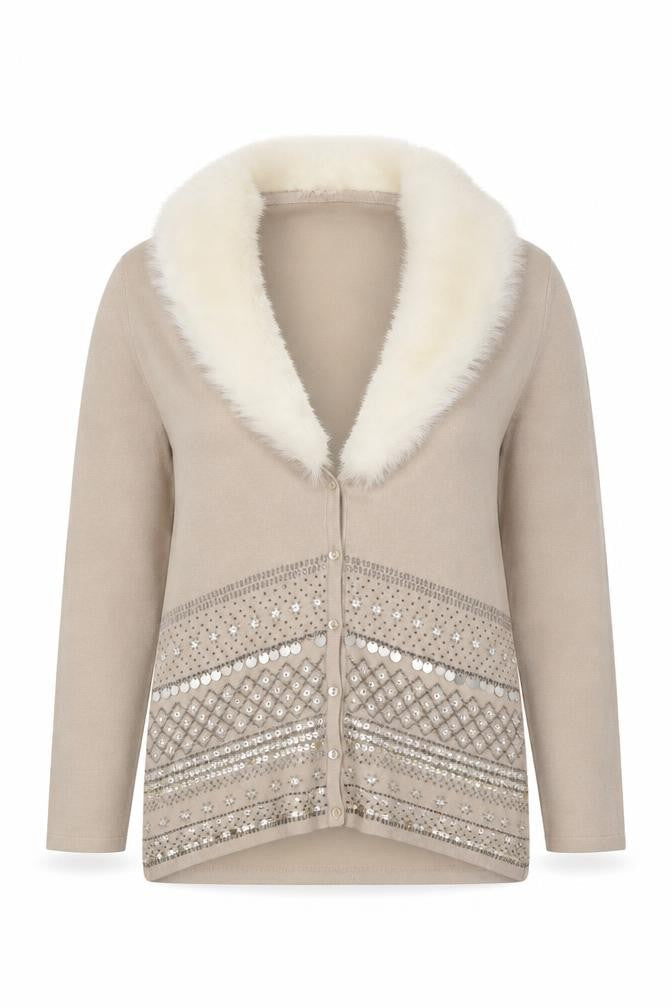 JFW Women’s Beige Faux Fur Collar Embellished Knit Jacket Size S