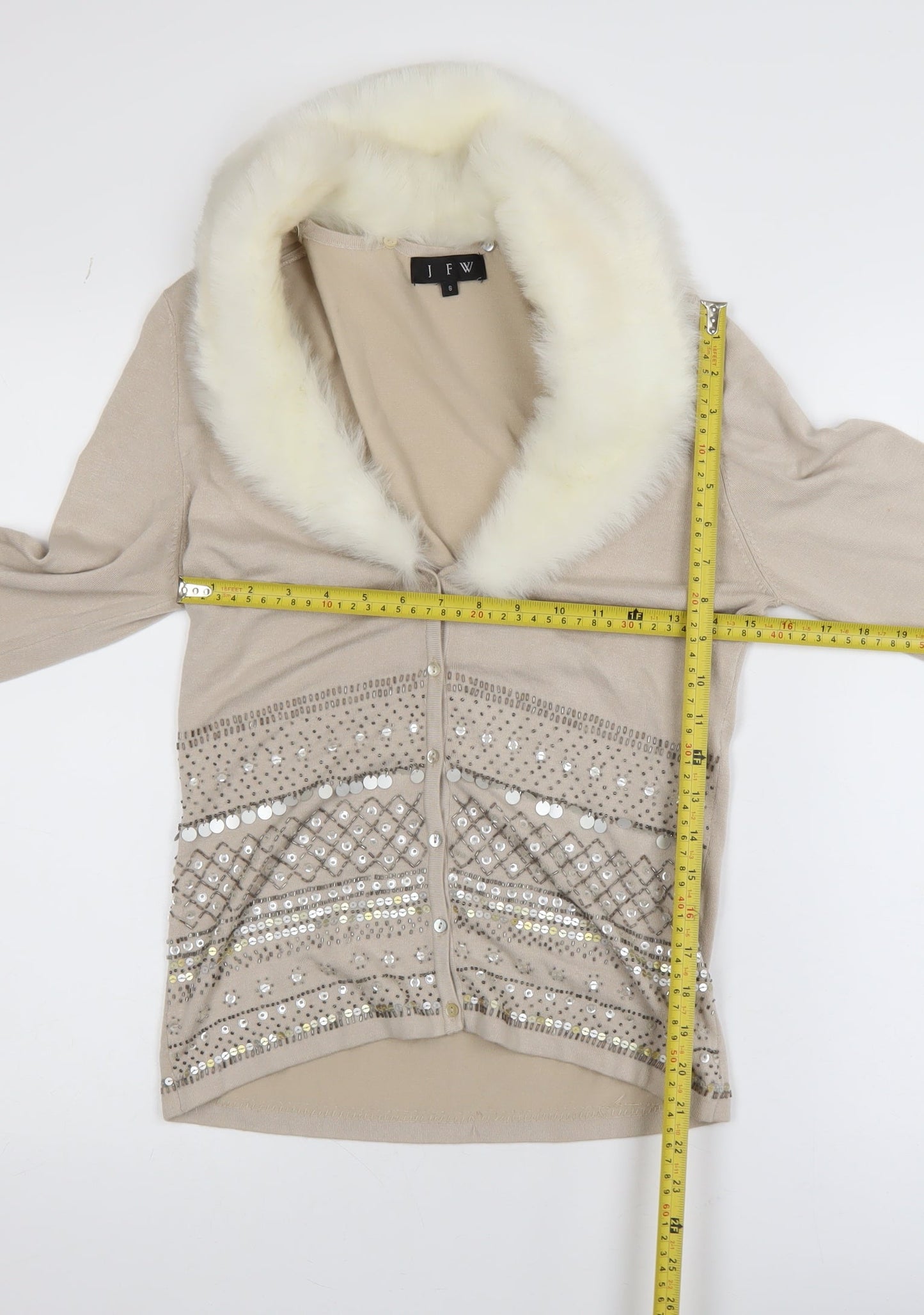 JFW Women’s Beige Faux Fur Collar Embellished Knit Jacket Size S