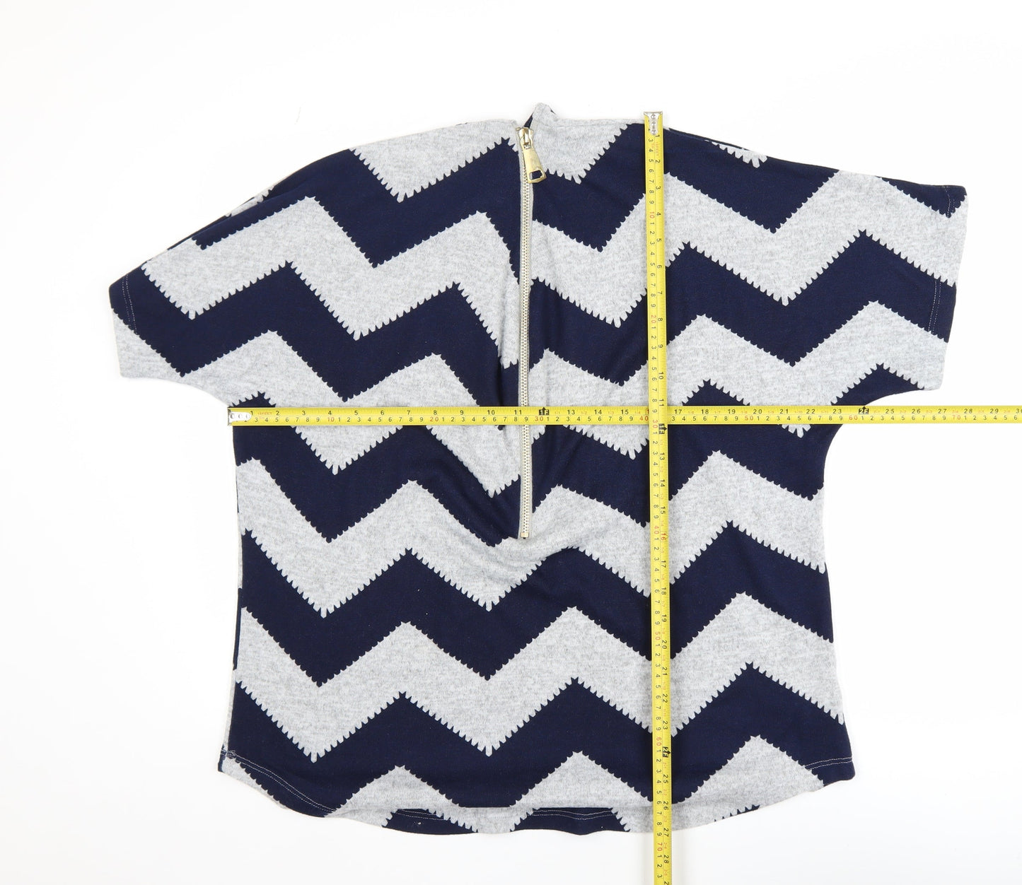 Roman Women Blue Geometric Tunic Blouse Size 16 Short Sleeve Zip