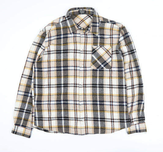 boohooMAN Men's Beige Checked Flannel Shirt Jacket XL