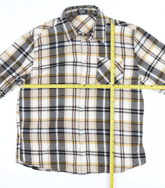 boohooMAN Men's Beige Checked Flannel Shirt Jacket XL