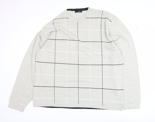BHS Men’s Beige Check Crew Neck 2XL Acrylic Pullover Jumper