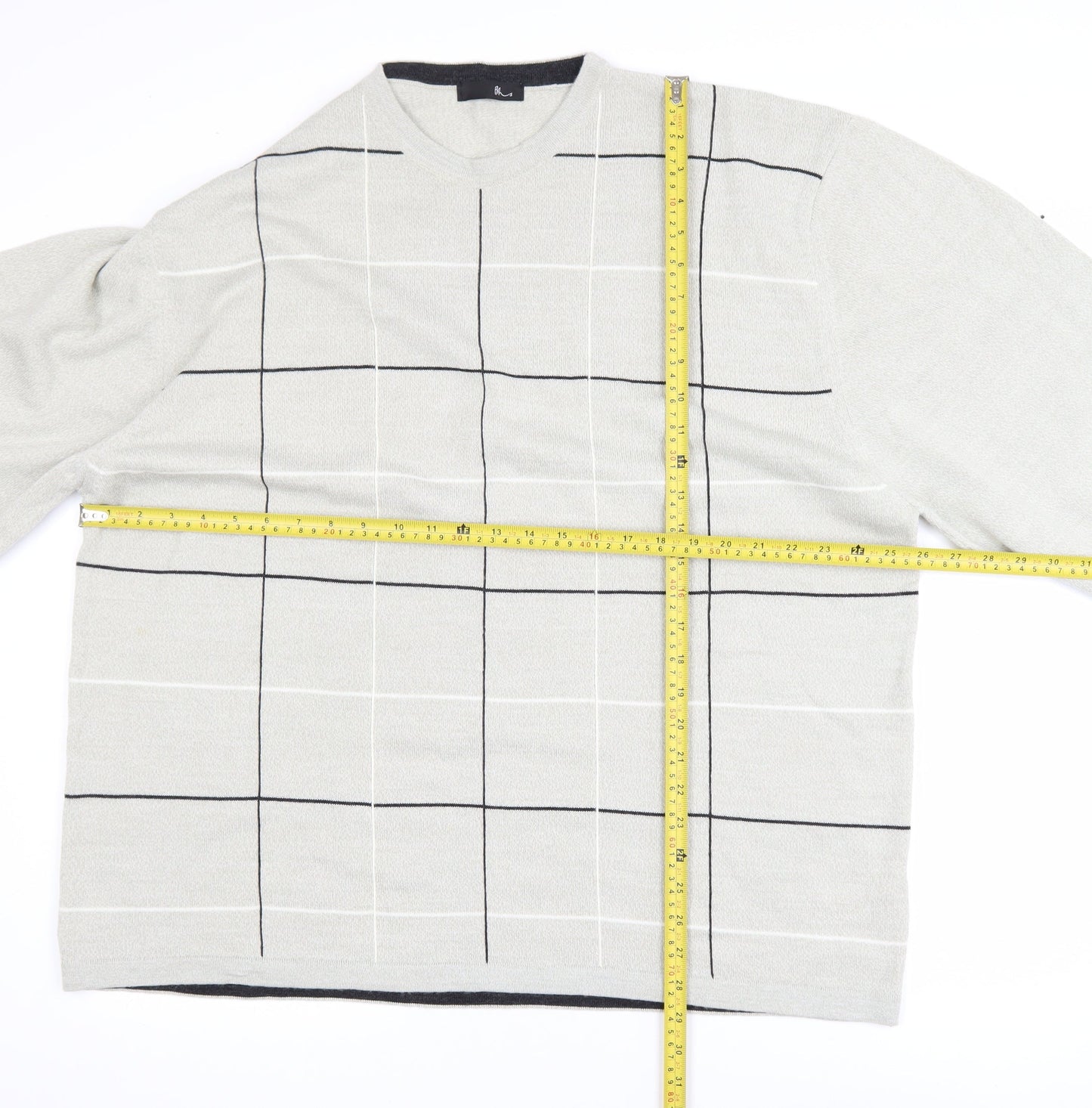 BHS Men’s Beige Check Crew Neck 2XL Acrylic Pullover Jumper