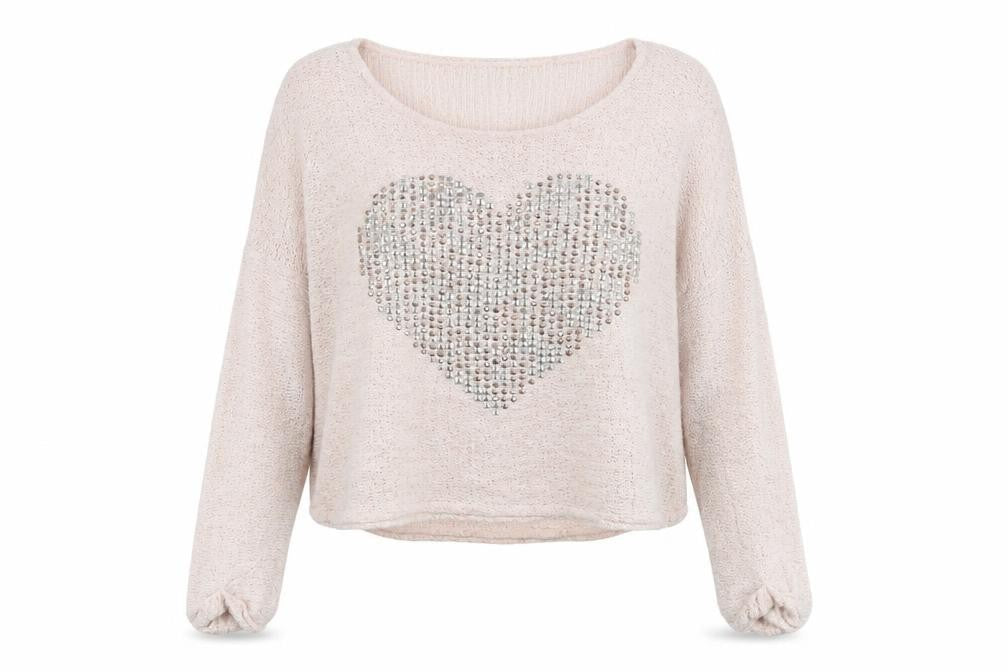 New Look Womens Beige Sequin Heart Knit Jumper Size 14