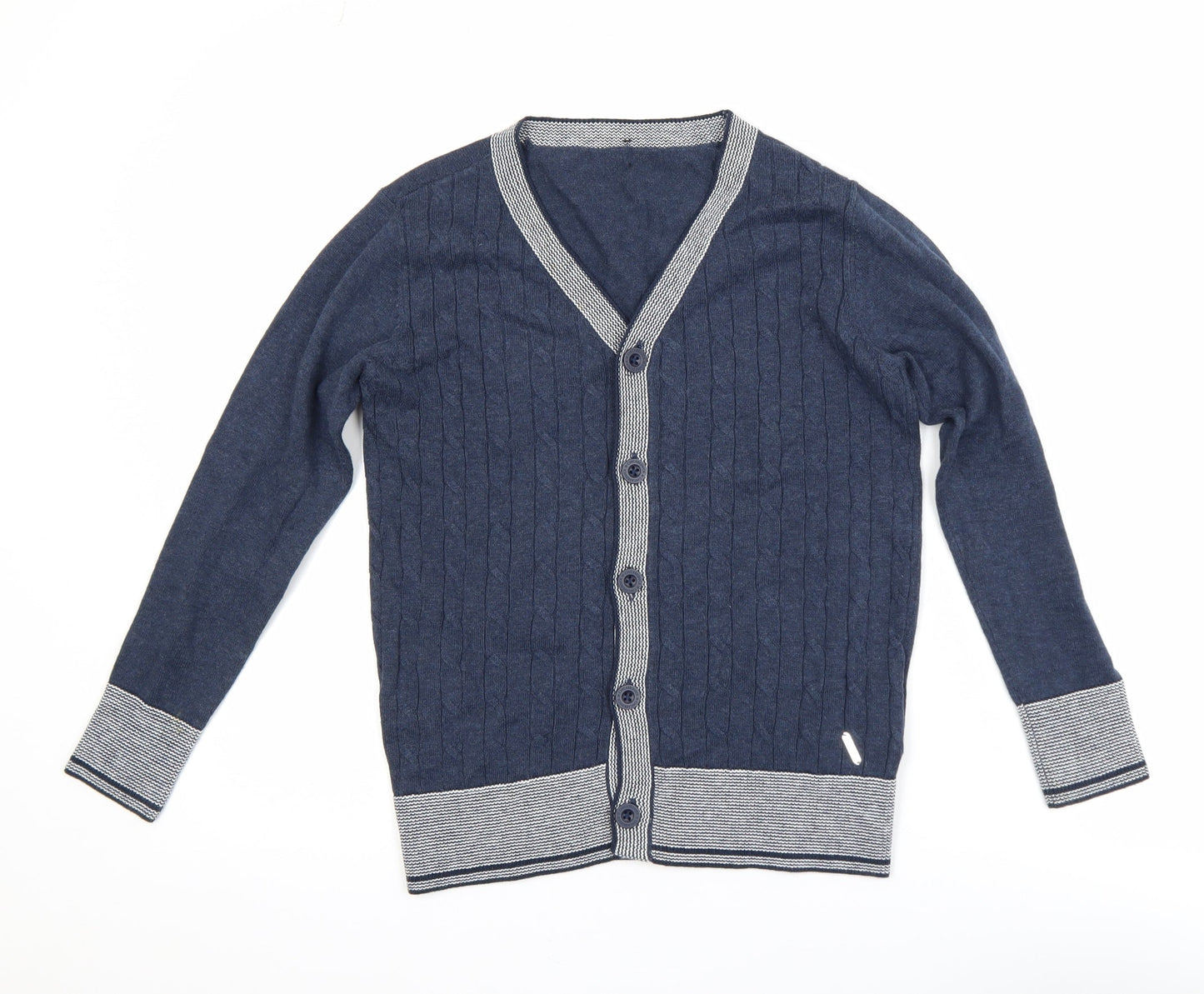 CHICKEEDUCK Boys Blue Cotton Cable Knit Cardigan Size 12-13 Years