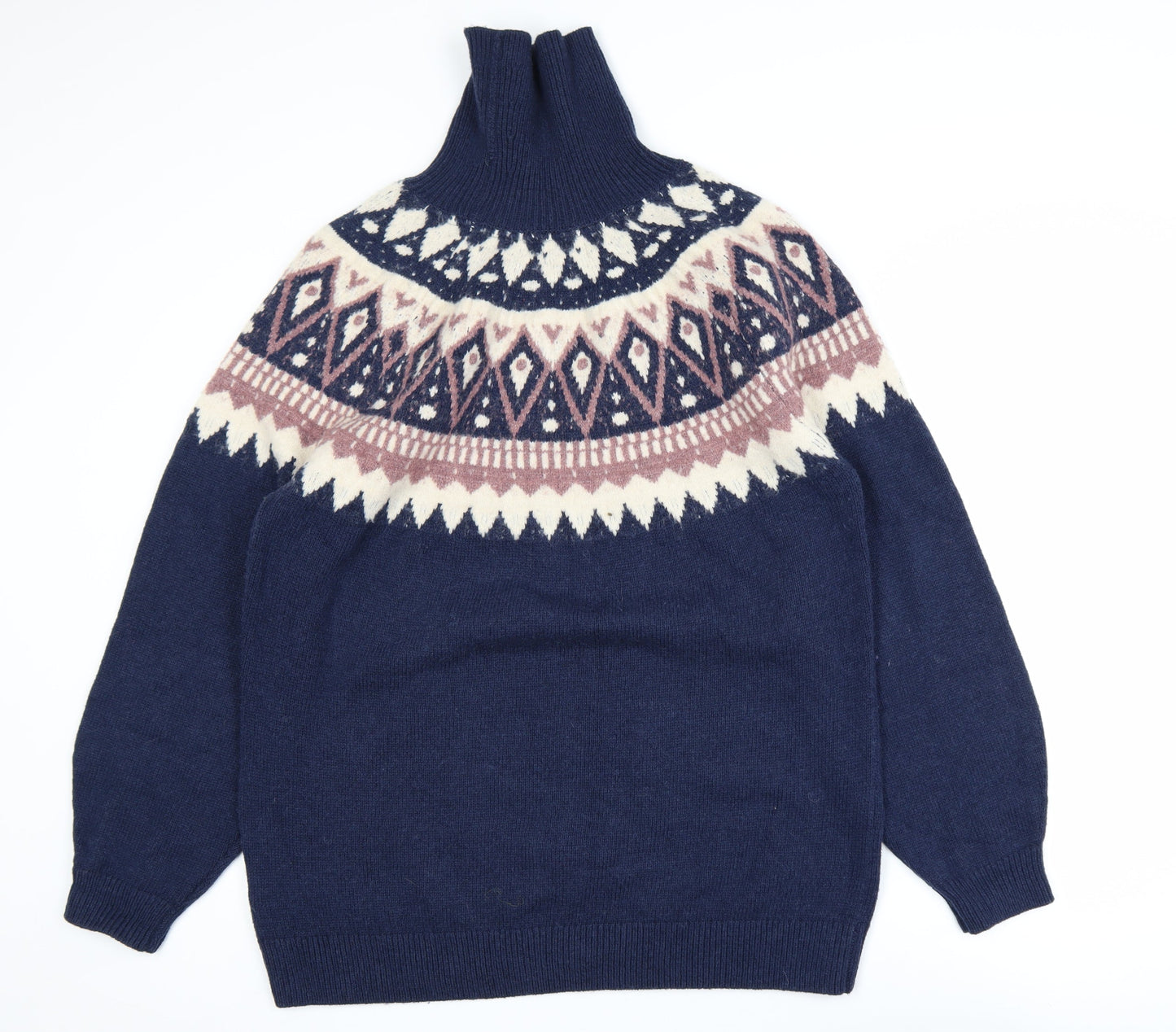 Fat Face Men’s Blue Fair Isle Roll Neck Wool Blend Jumper L