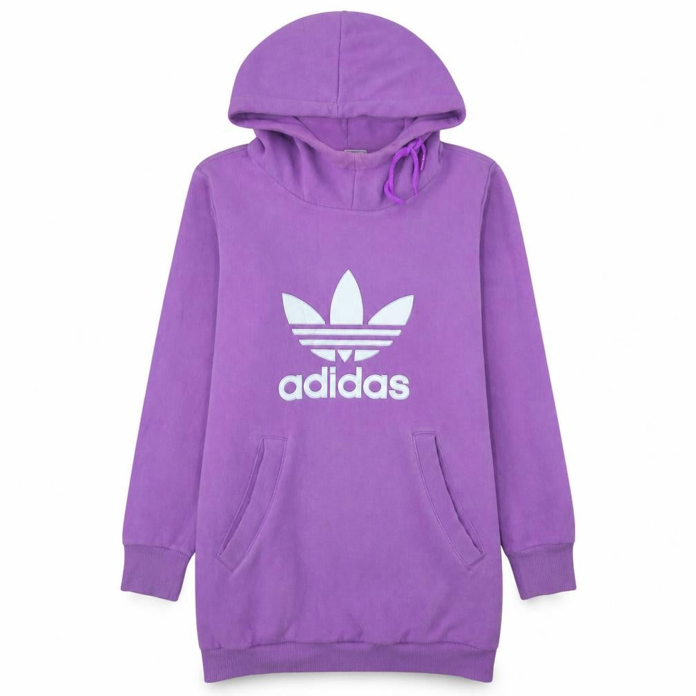 Front view of Adidas women’s purple pullover hoodie sweatshirt, size M, relaxed fit