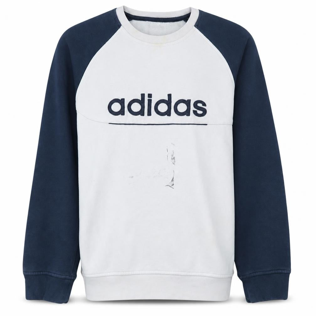 Front view of Adidas men’s white navy xl pullover crew neck logo sweatshirt