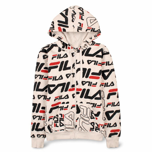 Fila Women’s Beige Full Zip Hoodie UK 12 Logo Print Vintage Style