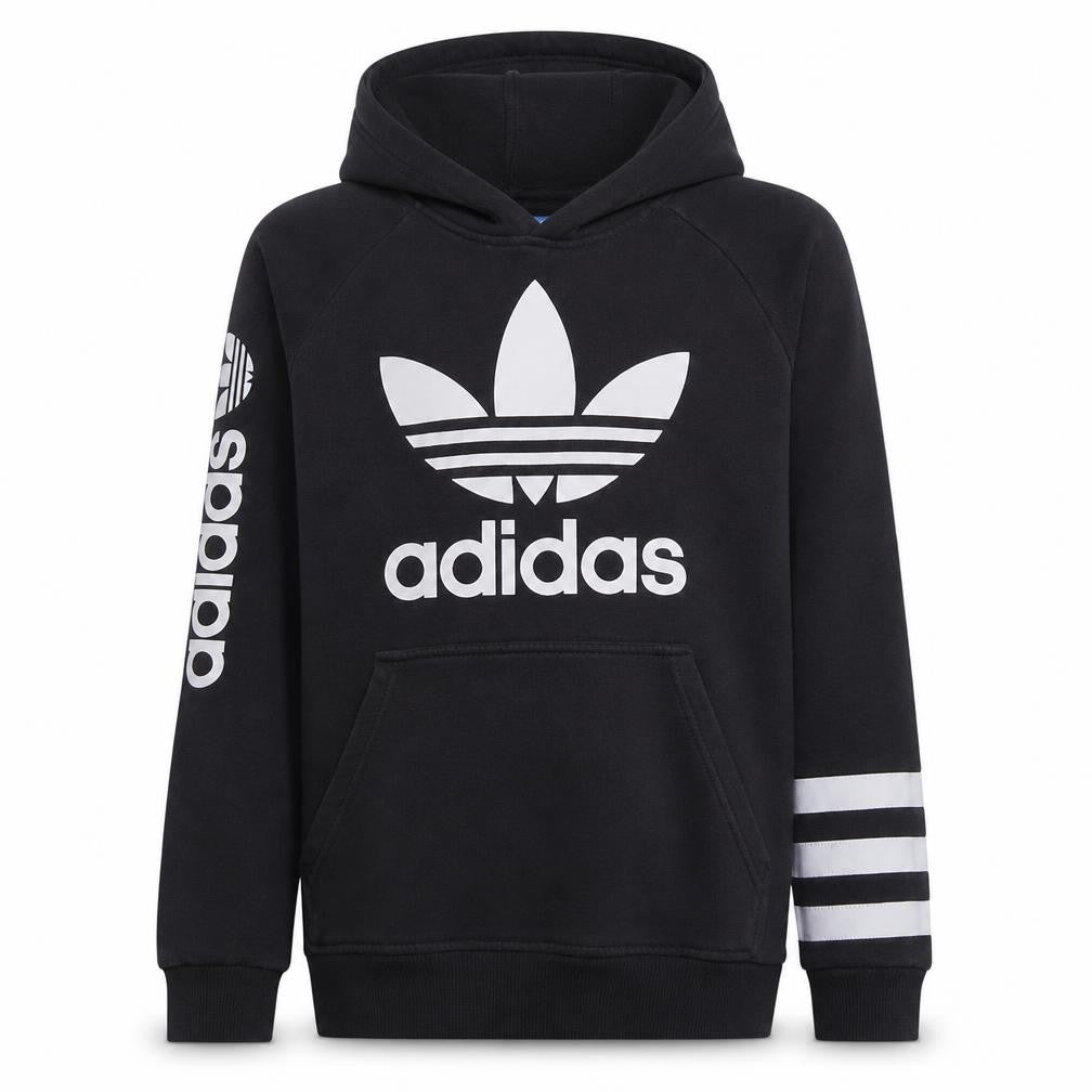 Front view of Adidas boys’ black hoodie 13–14y pullover cotton blend graphic print
