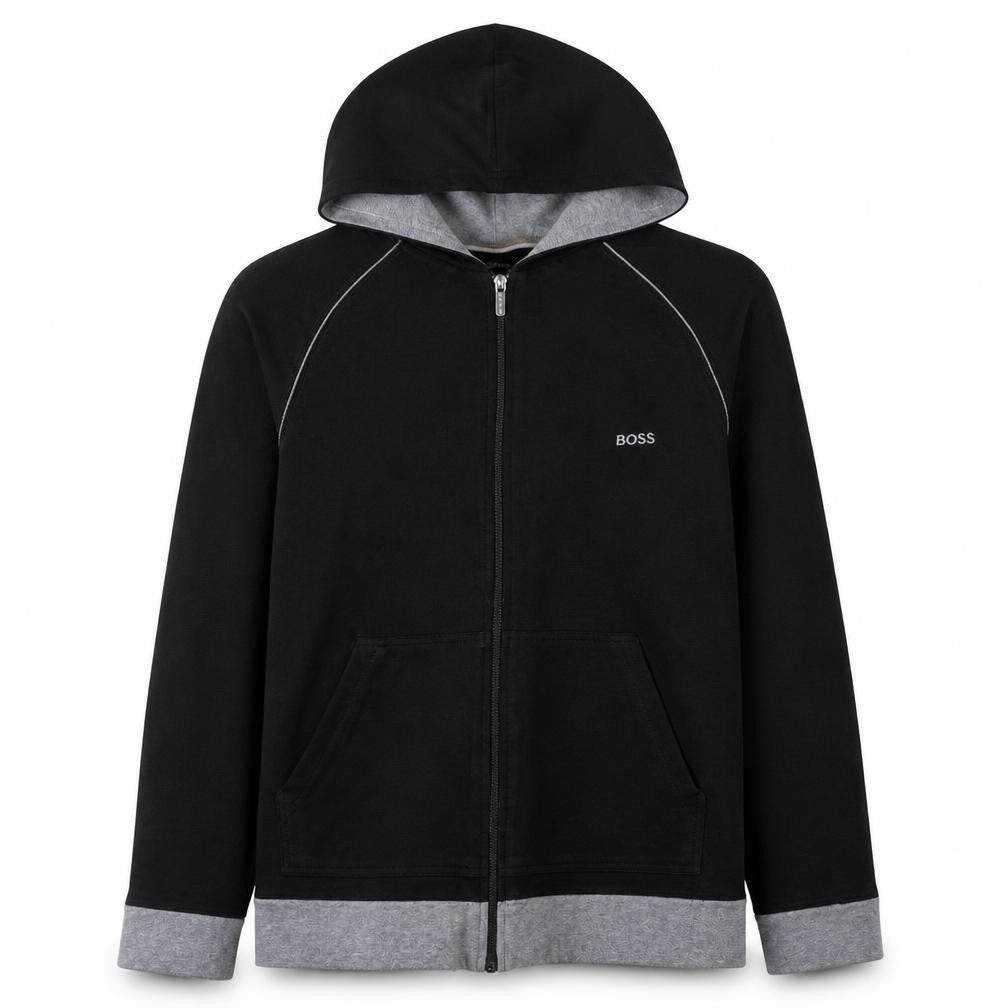 BOSS Men's Black Full Zip Hoodie Size M Grey Trim Logo