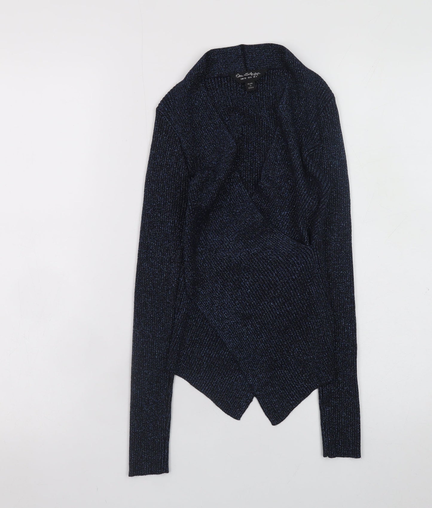 Miss Selfridge Women's Blue Metallic Long Sleeve Wrap Top Size 4