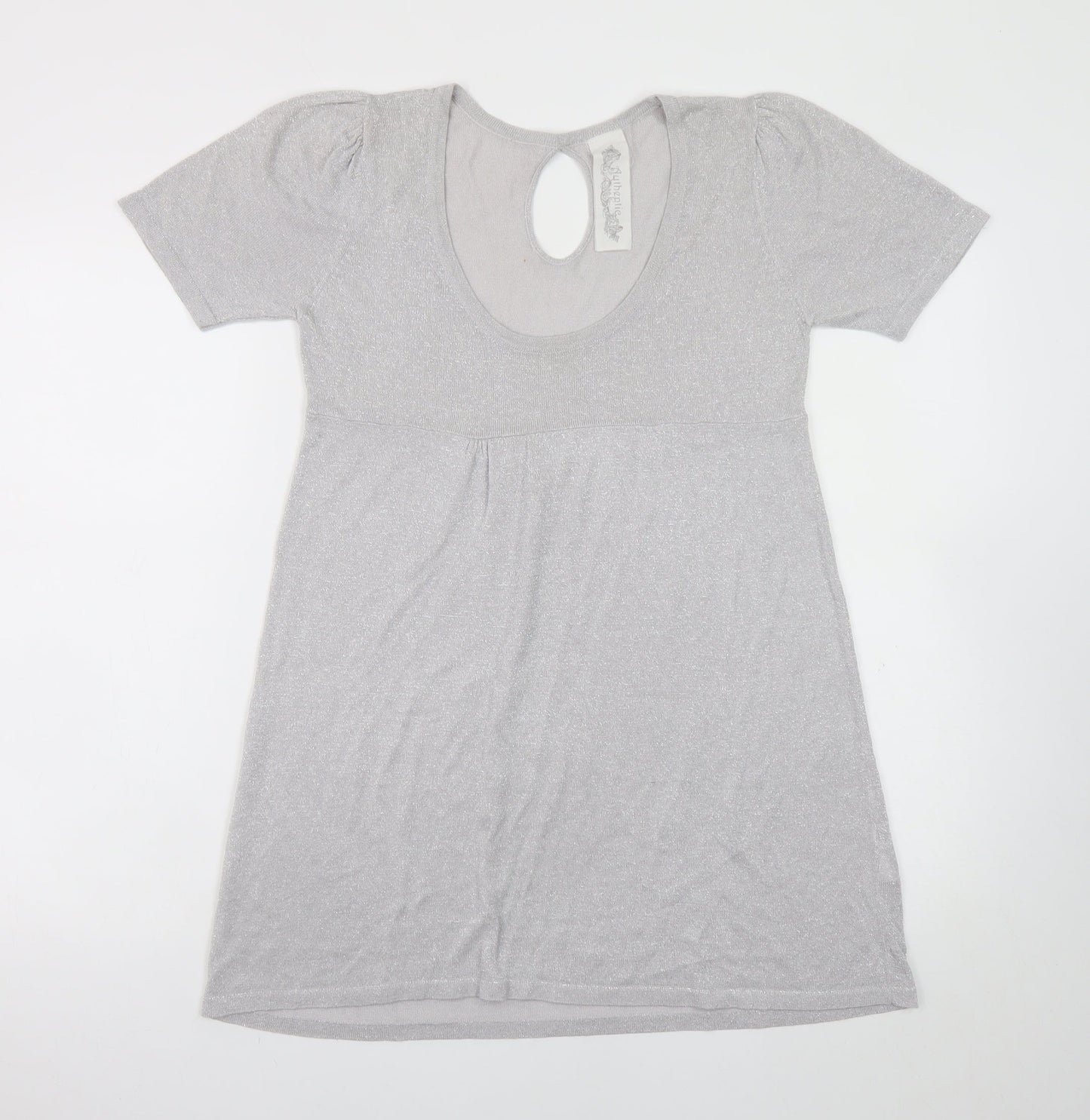Evie Women’s Silver A-Line Party Dress Size 14 Short Sleeve Scoop Neck