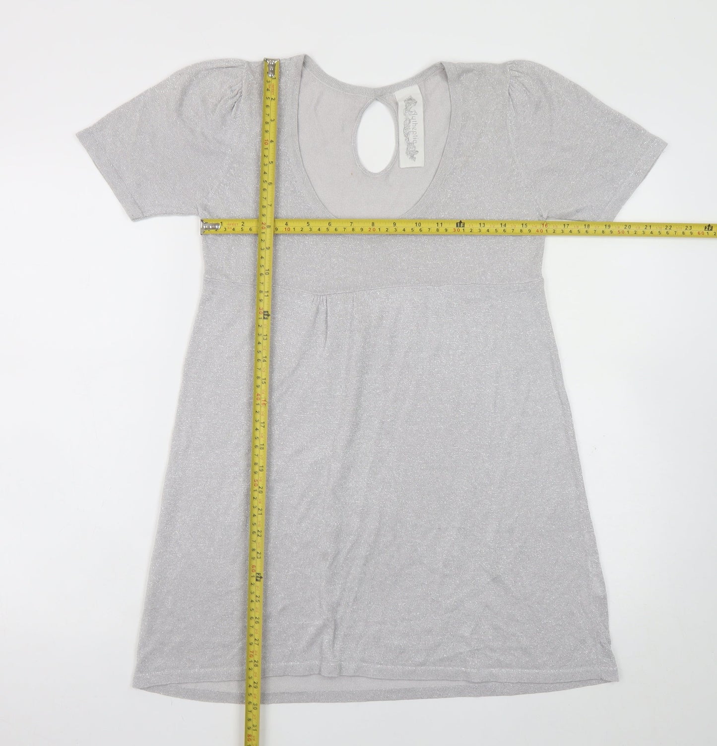 Evie Women’s Silver A-Line Party Dress Size 14 Short Sleeve Scoop Neck