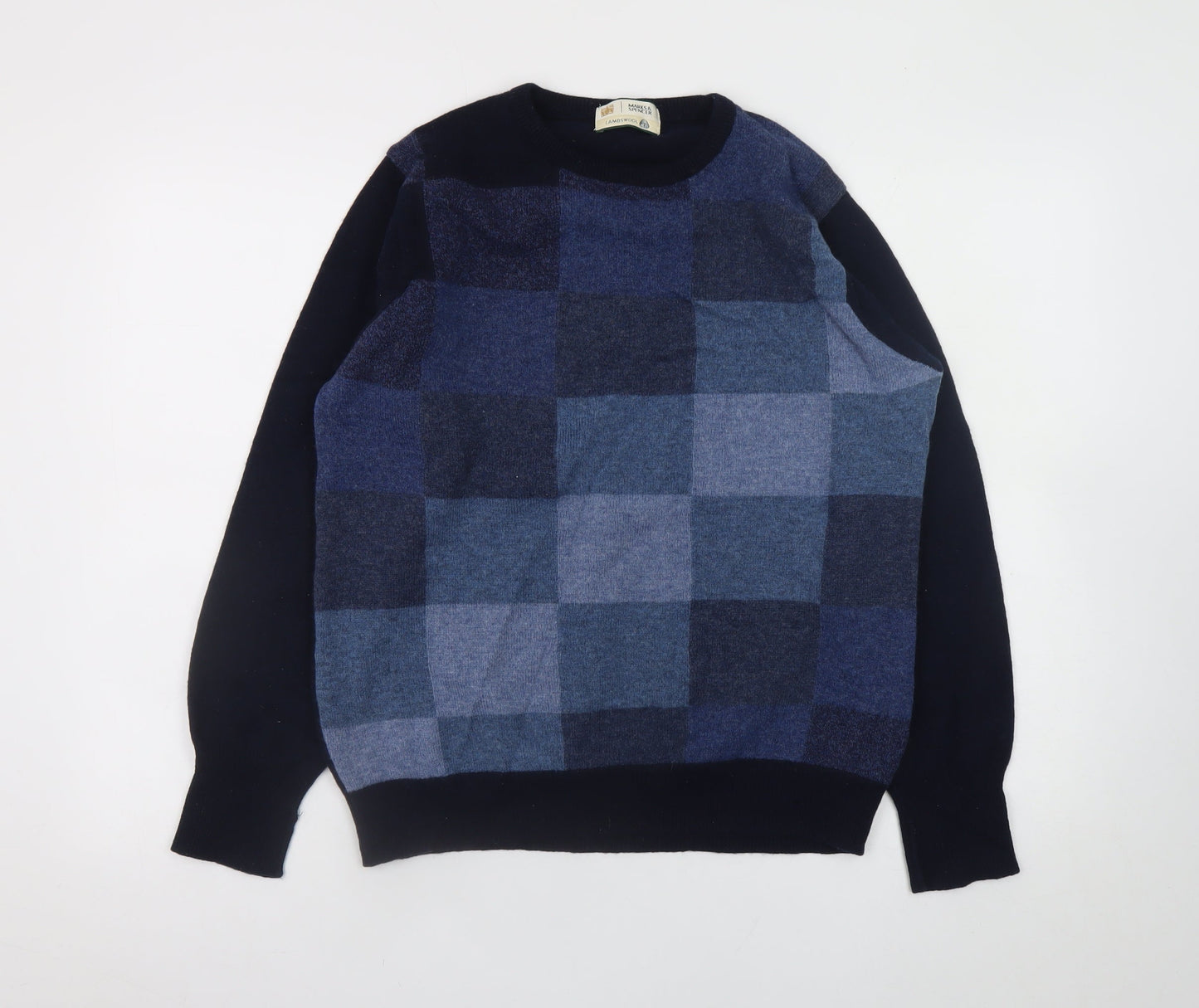 Marks and Spencer Men's Blue Check Lambswool Crew Neck Jumper Small