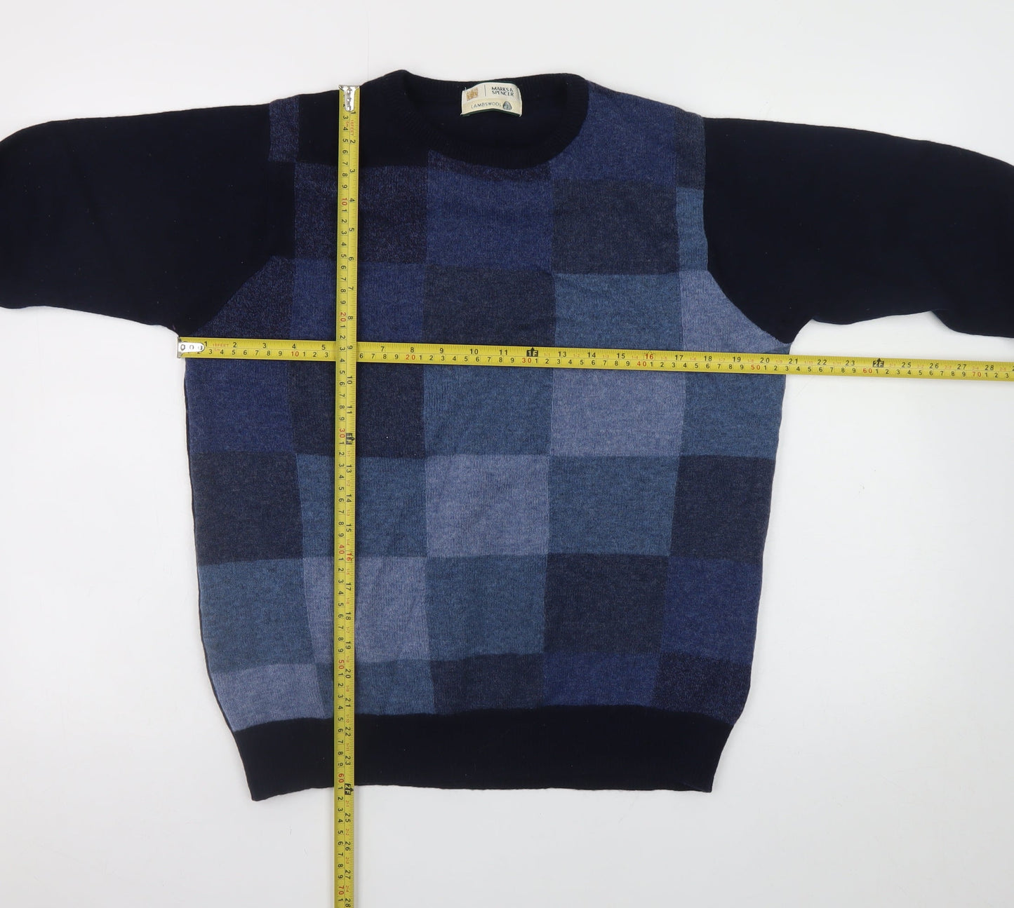 Marks and Spencer Men's Blue Check Lambswool Crew Neck Jumper Small