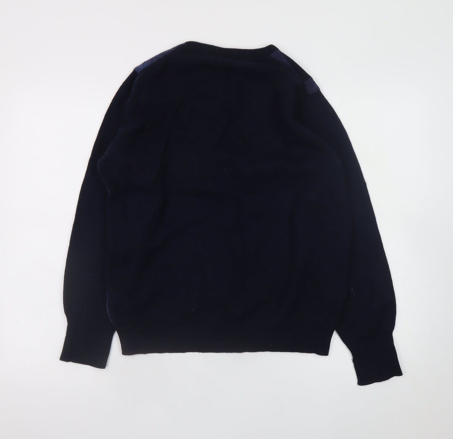 Marks and Spencer Men's Blue Check Lambswool Crew Neck Jumper Small
