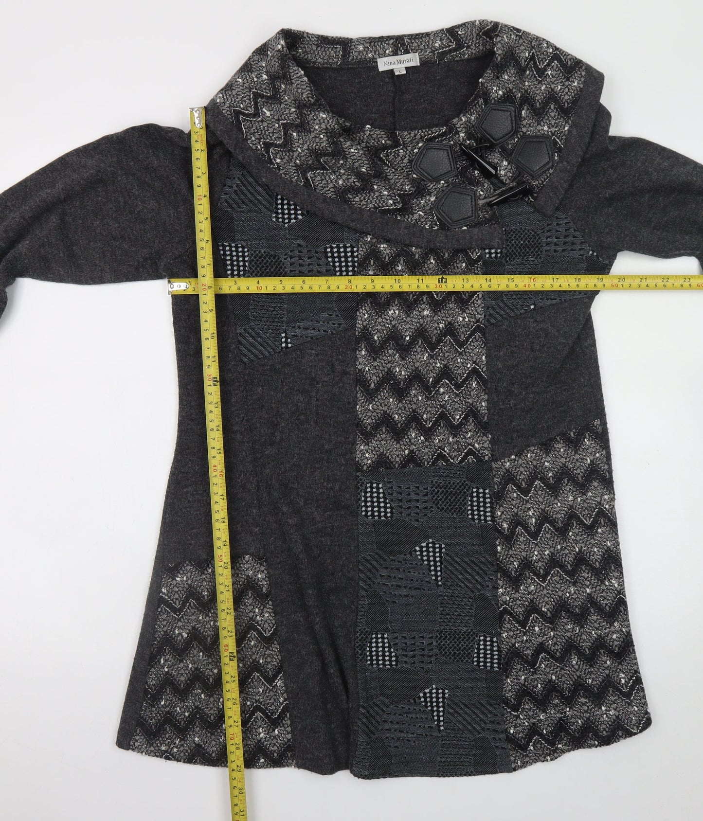 Nina Murati Women Grey Knit Shift Dress L Long Sleeve Cowl Neck