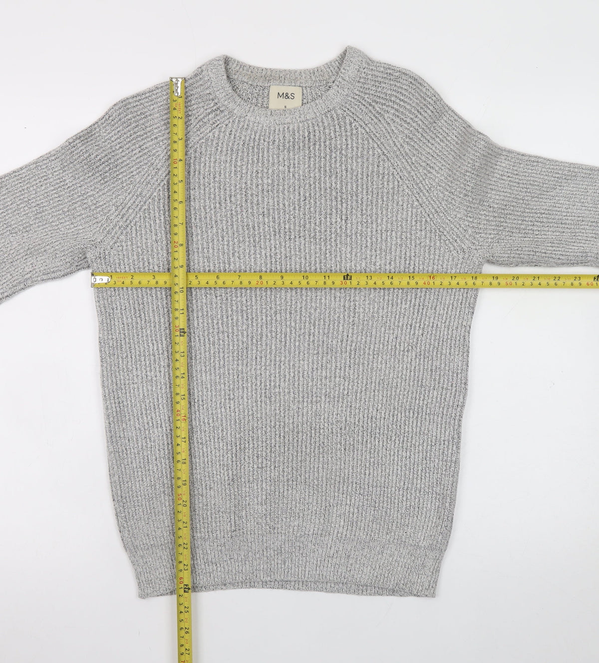 Close-up detail of Marks and Spencer Men's Grey Chunky Knit Crew Neck Jumper, size S