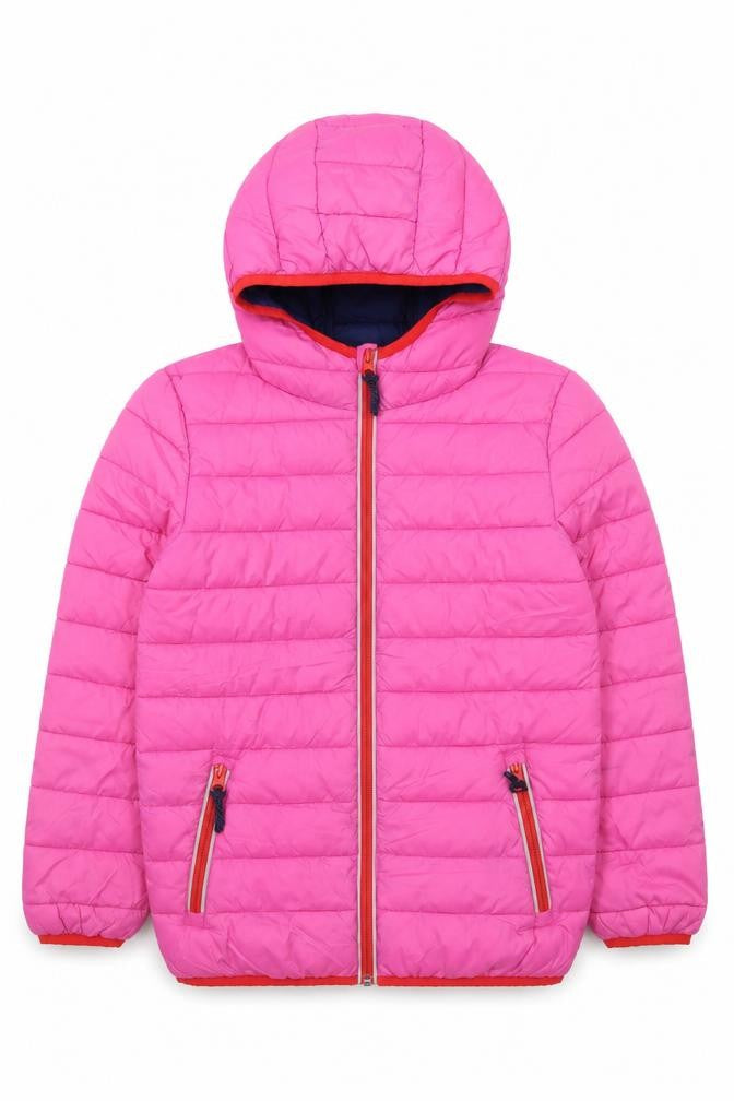 Front view of Boden girls’ pink hooded puffer jacket 9-10 years quilted zip winter coat