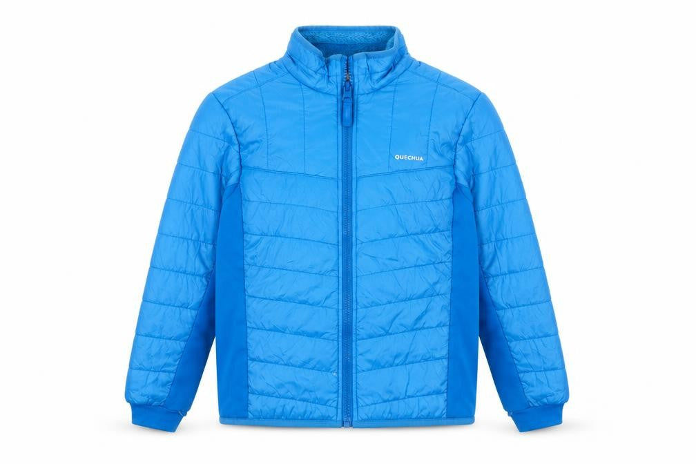 Front view of Quechua boys’ blue 10-11 years lightweight puffer jacket full zip