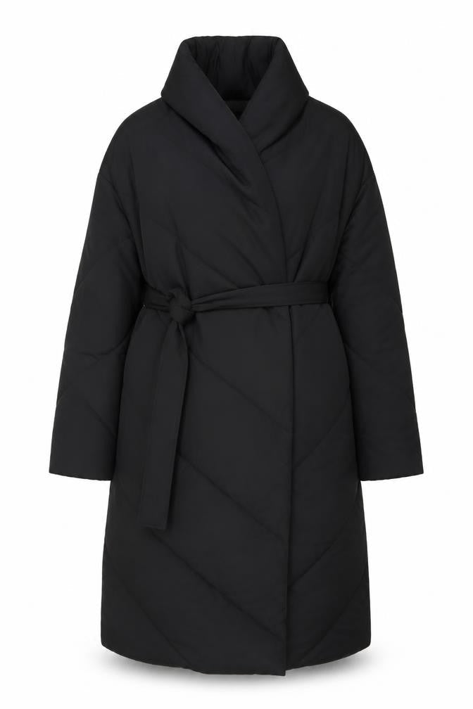 In The Style Women's Black Long Belted Puffer Coat UK 20