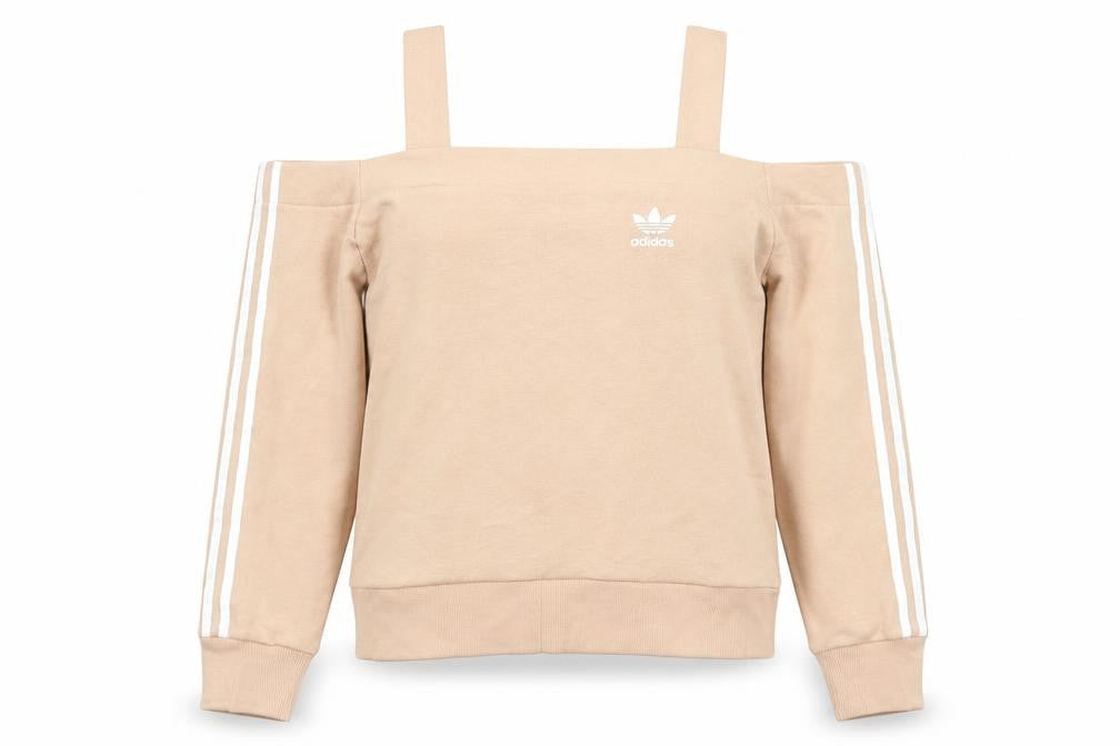 Front view of Adidas Women Beige Off Shoulder Sweatshirt, size 8, Cotton Blend